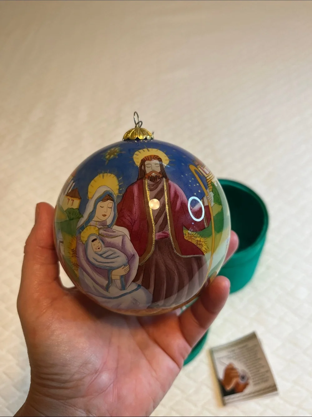 Hand-Painted Li Bien Nativity Christmas Ornament with Green Satin Box